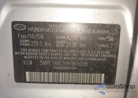 2009 Hyundai Sonata Gls from USA, damaged, VIN 5NPET46C99H569208